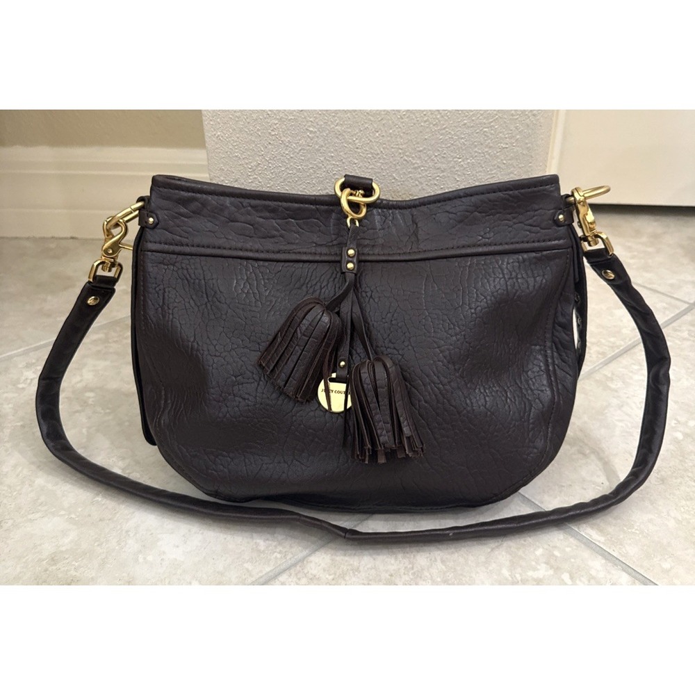 Juicy Couture Brown Leather Satchel Hobo Tote Bag Purse Y2K Tassel Tag Crossbody